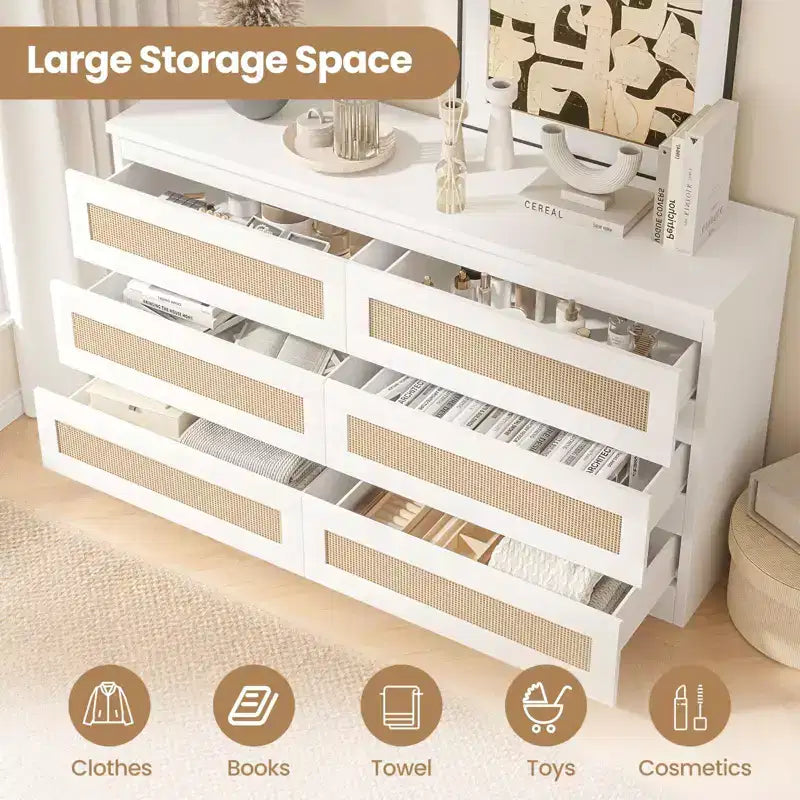 Rattan-Kommode fürs Schlafzimmer mit 6 Schubladen, 119 cm breite moderne Kommode im Landhausstil, Holzschrank mit Stauraum-Organizer für Kleiderschrank, Wohnzimmer und Flur