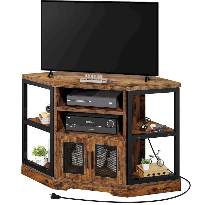 Meuble TV d’angle de style maison de campagne, centre de divertissement et console multimédia pour téléviseurs jusqu’à 55 po, avec prise électrique