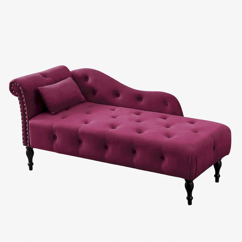 Modern 60.6  Velvet Upholstered Buttons Tufted Chaise Lounge Chair with Solid Wood Legs and Nailheads
