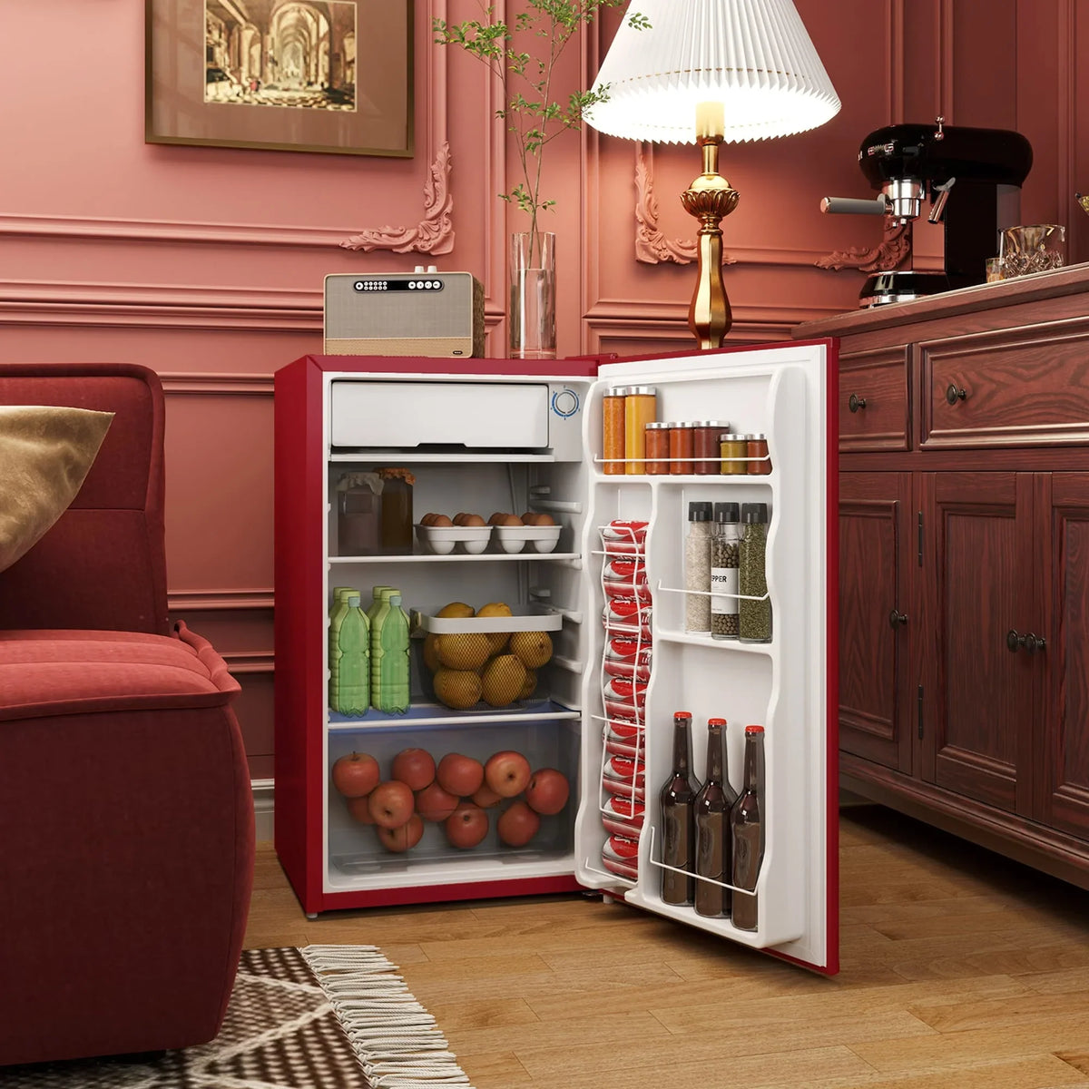 HOMCOM 3.2 Cu.Ft Mini Fridge with Freezer, Single Door Compact Refrigerator with Adjustable Thermostat for Bedroom