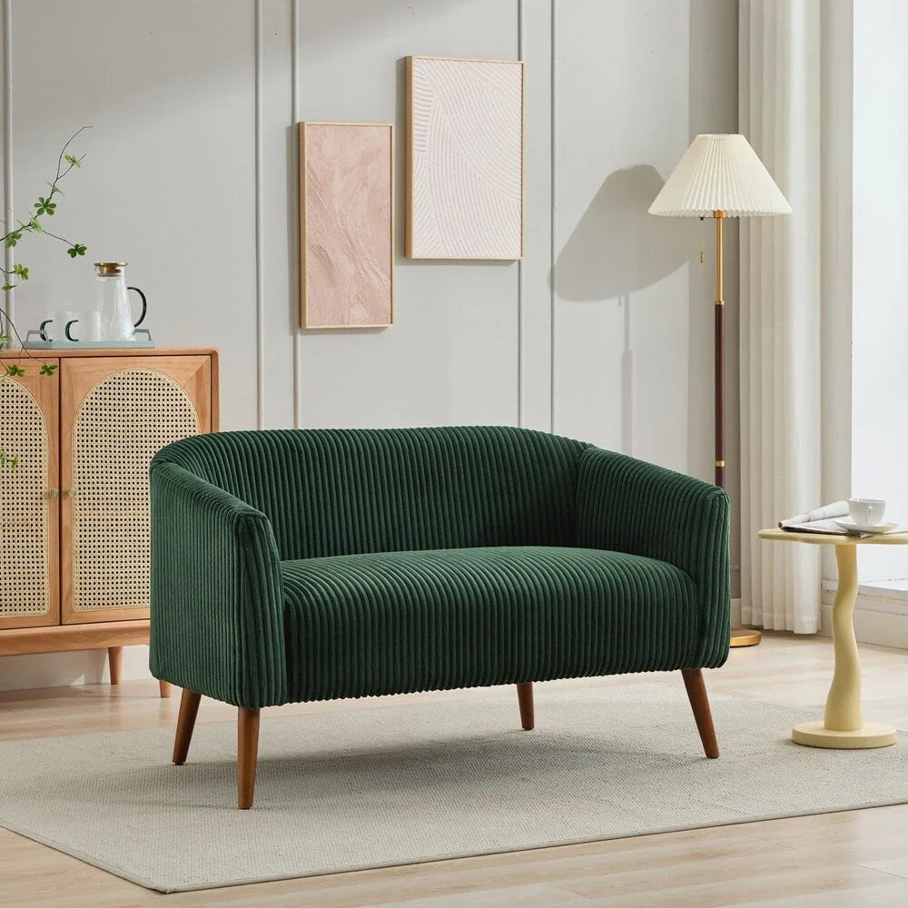 Corduroy Fabric Upholstered 2-Seat Sofa with Wooden Walnut Legs