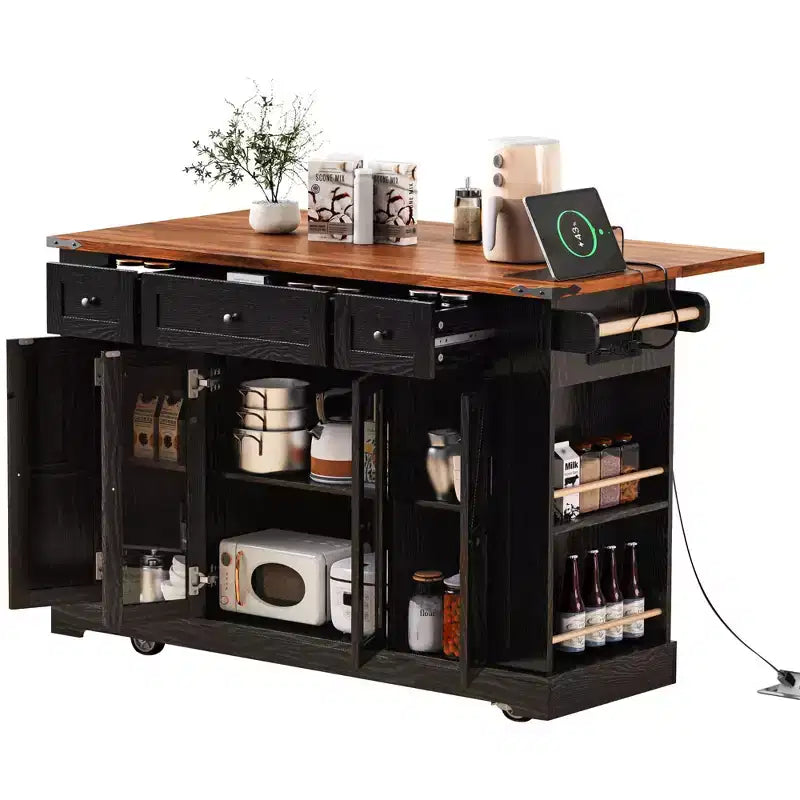 Kitchen Cart with Tempered Glass Doors, Side Racks, Power Outlet, and Drop Leaf