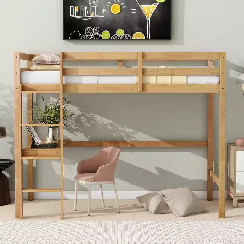 Okak Minimalism Loft Bed with Ladder, Rubber Wood Twin Loft Bed with Safety Guardrail and Build-In Desk, Bed Frames for Kids, Teenagers