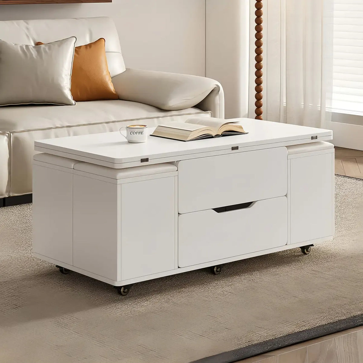 Klappbarer Couchtisch mit Hubfunktion, 4 Hockern und Stauraum