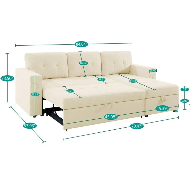 Divano componibile reversibile trasformabile con letto estraibile, chaise longue con contenitore nascosto e gambe resistenti