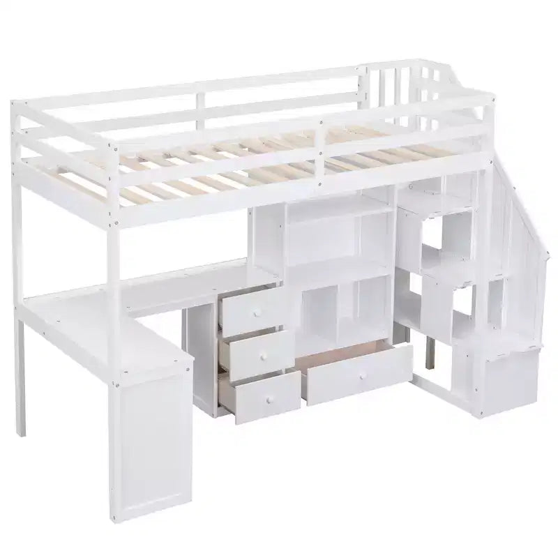 Twin Size Loft Bed with L-Shaped Desk, 3 Drawers, Cabinet, Staircase Storage, Solid Pine/MDF Build