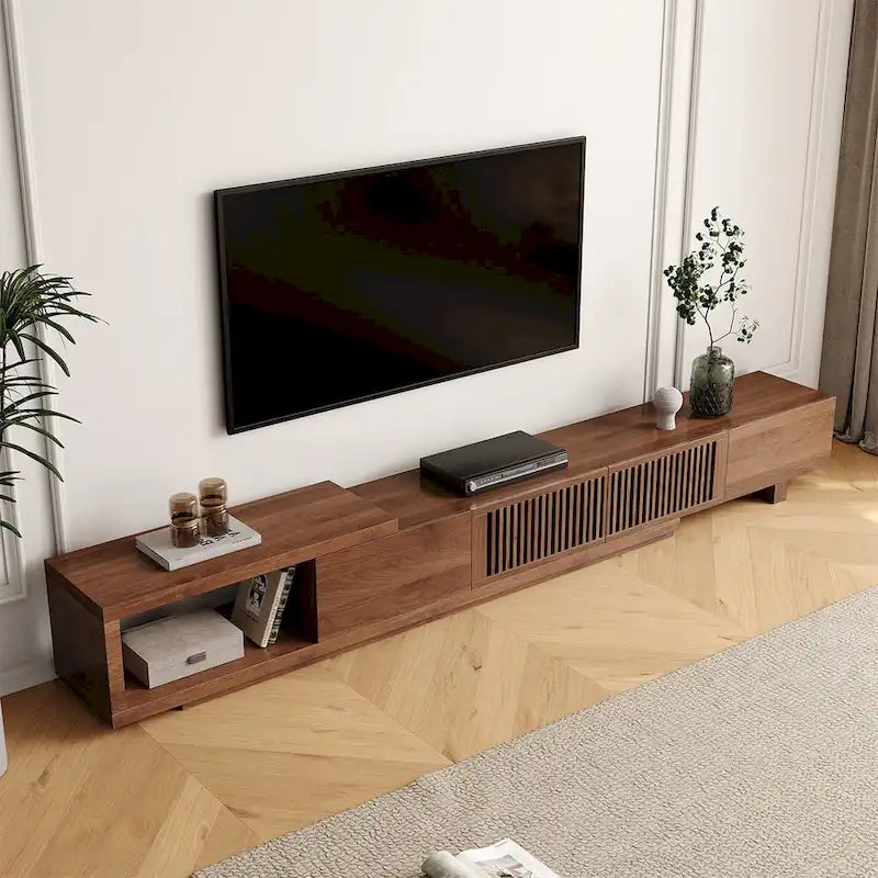 Meuble TV moderne rétractable et extensible avec 4 tiroirs, jusqu’à 103 pouces – 78.54P x 15.74L x 13.78H