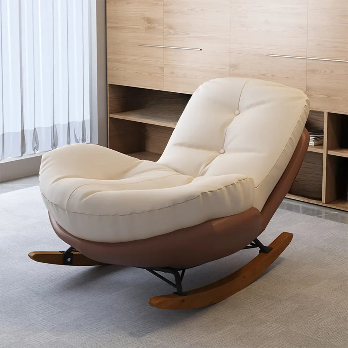 Sedia a dondolo imbottita in stile scandinavo con pouf opzionale