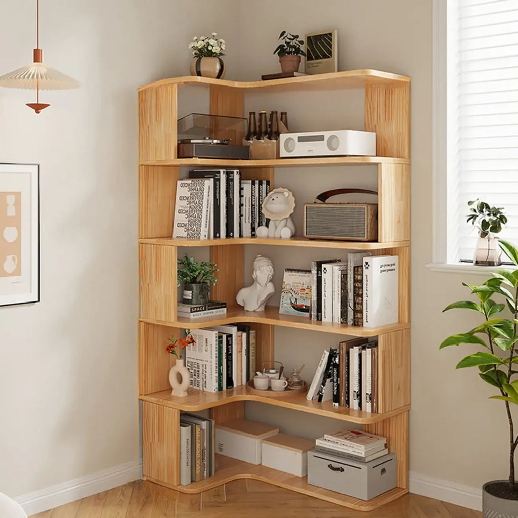 Bibliothèque verticale en bois en forme de L, finition naturelle, dos ouvert