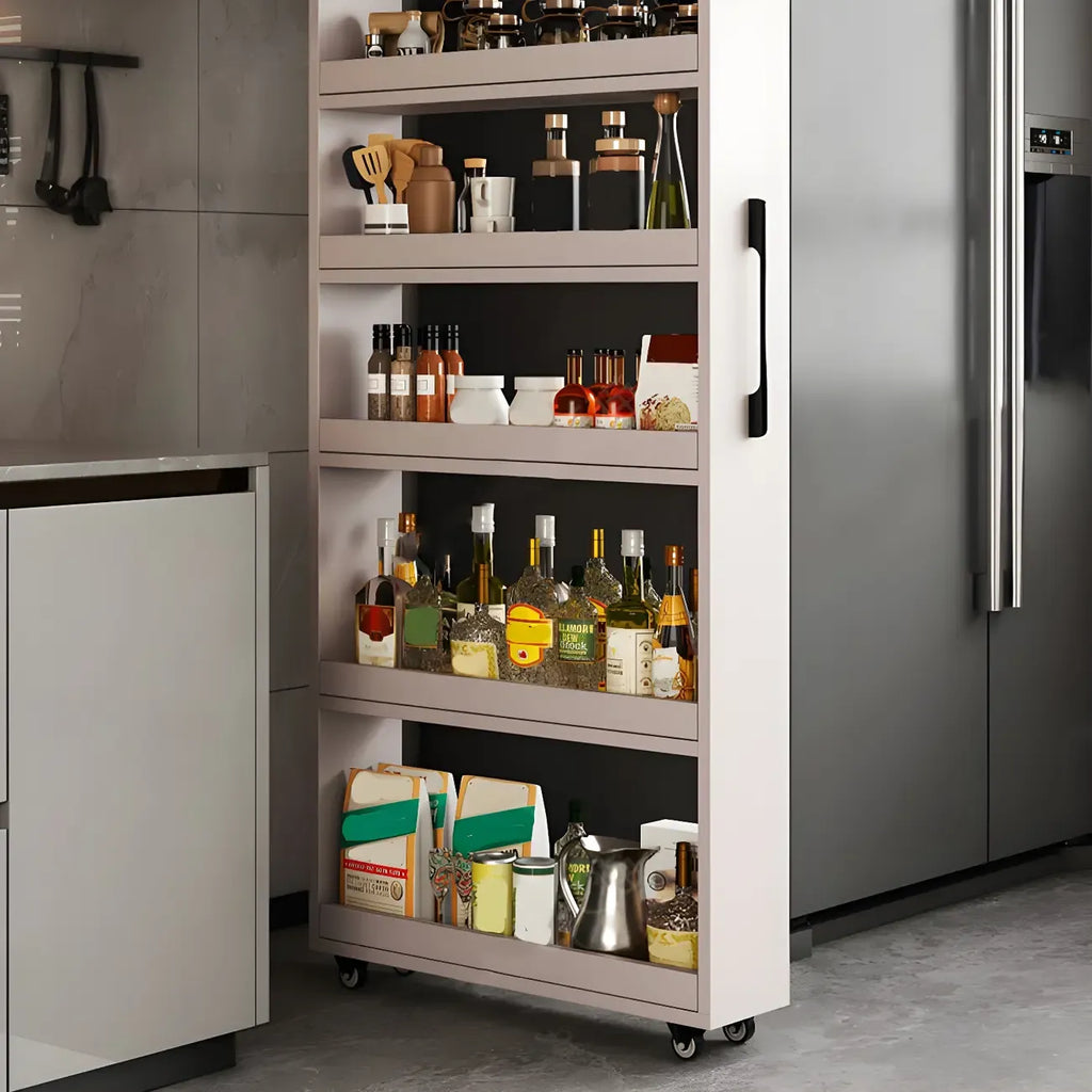 Buffet moderne en bois avec étagères ouvertes et roulettes
