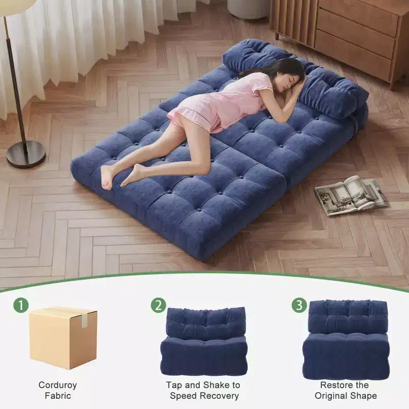 Canapé-lit futon pliant en velours côtelé, fauteuil convertible au sol avec coussin et soutien dorsal, format double