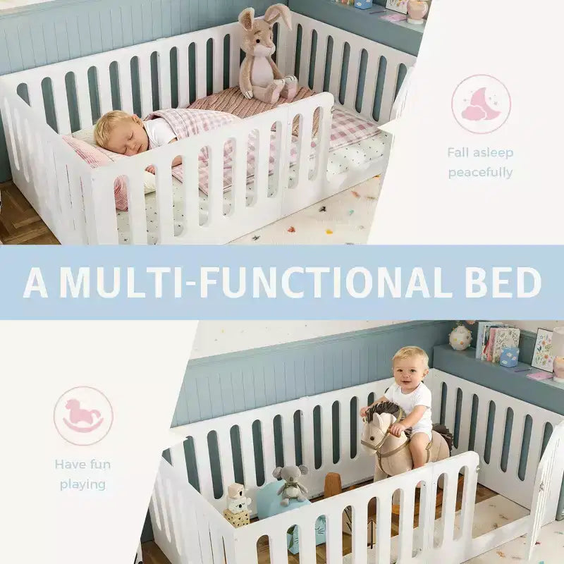 Cama Montessori blanca de tamaño individual para el suelo con barandillas y puerta, madera maciza, para 1 niño