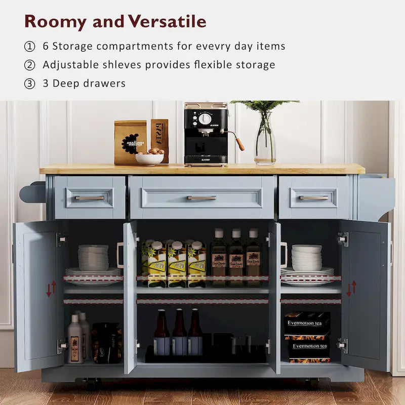 54  Large Kitchen Island with Rubber Wood Drop Leaf, Embossed Texture Rolling Kitchen Cart on 4 Wheels with 4 Doors & 3 Drawers