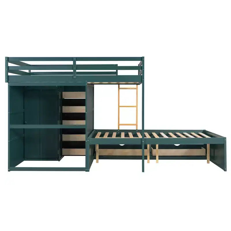 Full over Full Bunk Bed with Storage Wardrobe and Drawers, Full Size Wood Space-Saving Bunk Bed with Guardrail for Apartment, Bedroom