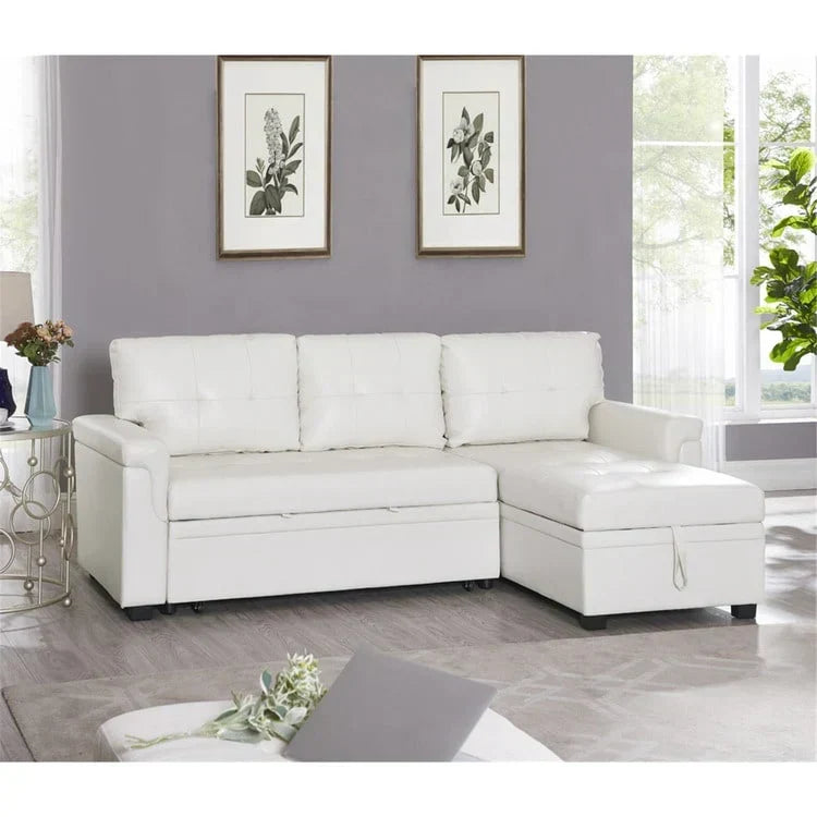Divano componibile reversibile trasformabile con letto estraibile, chaise longue con contenitore nascosto e gambe resistenti