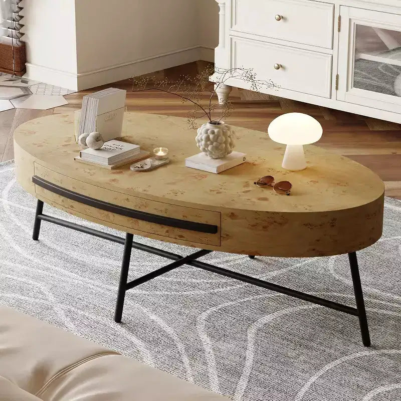 Acekool Oval Coffee Table with Drawer, 47.2 Wooden Storage Table with Cross Metal Legs  Mid-Century Modern Center Table in Natural & Golden Willow