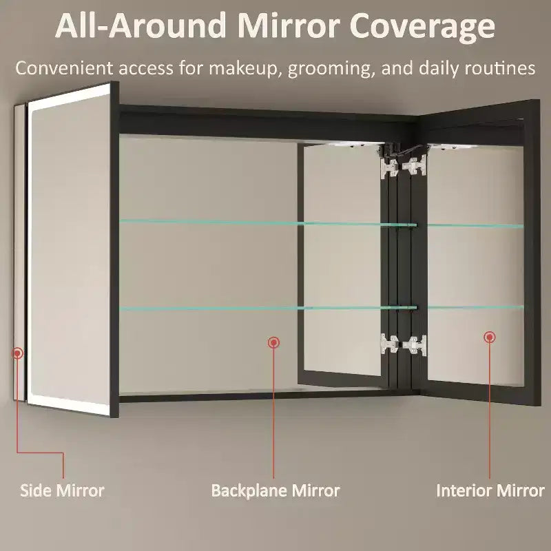 Bathroom Medicine Cabinet with LED Mirror, Surface or Recessed Mount, Dimmable Light, Anti-Fog, Adjustable Shelving