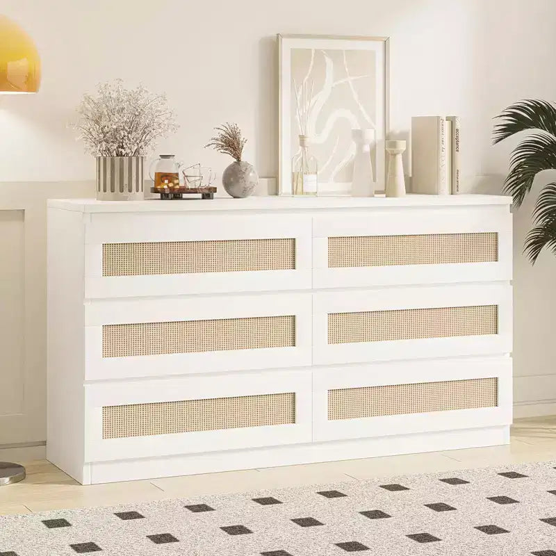 Makuuhuoneen rottinkinen lipasto, 6 laatikkoa, 119 cm leveä moderni maalaistyylinen lipasto, puinen säilytyskaappi vaatekaappiin, olohuoneeseen tai eteiseen
