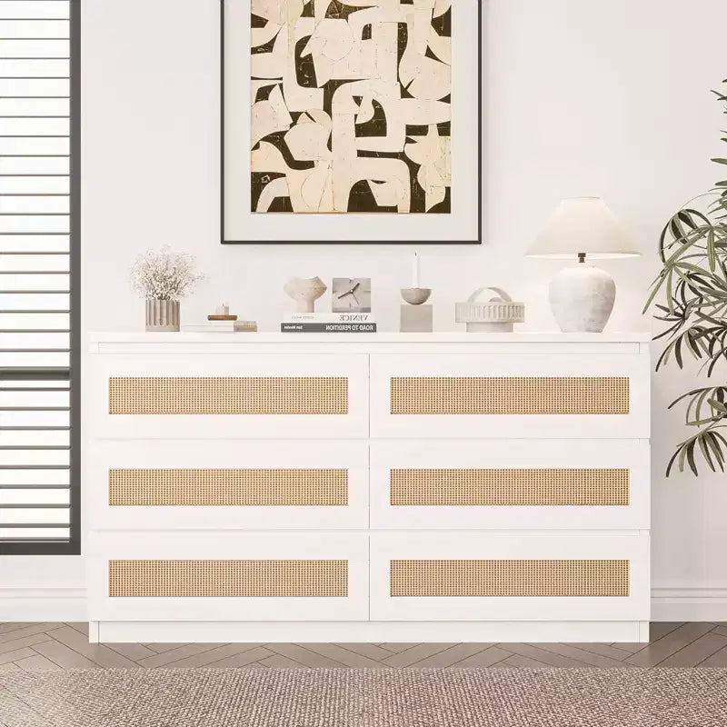 Rattan-Kommode fürs Schlafzimmer mit 6 Schubladen, 119 cm breite moderne Kommode im Landhausstil, Holzschrank mit Stauraum-Organizer für Kleiderschrank, Wohnzimmer und Flur