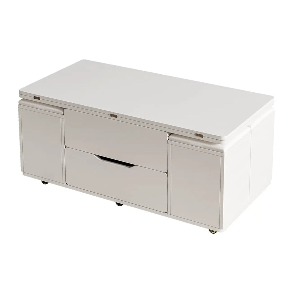 Klappbarer Couchtisch mit Hubfunktion, 4 Hockern und Stauraum