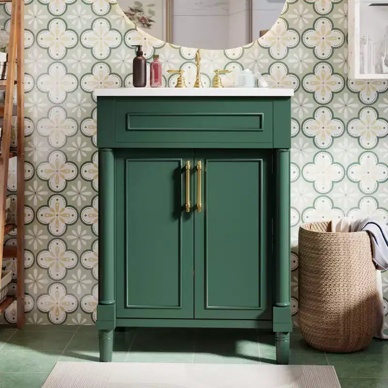 Mobile da bagno da 24 pollici con lavabo in ceramica, mobile in stile Shaker, 2 ante a chiusura ammortizzata, struttura in legno massello per bagno piccolo o bagno di servizio