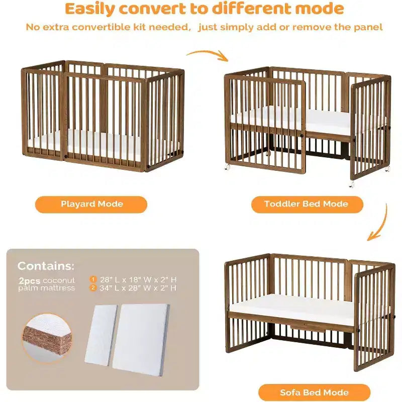 JOYMOR 8 in 1 Convertible Crib, Include 2 Mattress, Converts to Bassinet, Mid Crib, Full Size Crib, Daybed,Toddler Bed and Playard