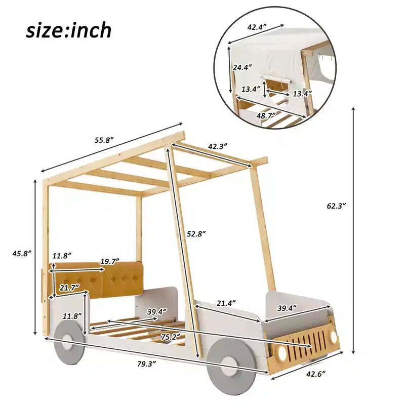 Letto per bambini a forma di auto in legno Whisen con cuscino, telo per il soffitto e LED - Naturale