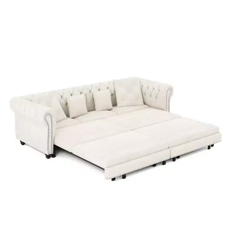 Whisen Samt-Schlafsofa in King-Size mit Ausziehfunktion und 3-in-1-Funktion, wandelbares Schlafsofa mit beweglichem Hocker und Steppdesign