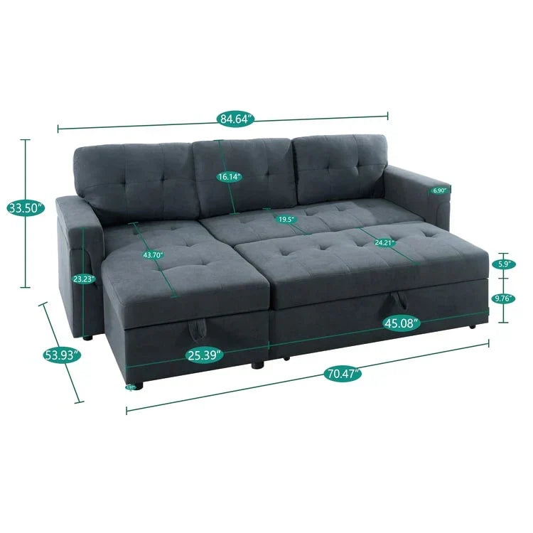 Divano componibile reversibile trasformabile con letto estraibile, chaise longue con contenitore nascosto e gambe resistenti