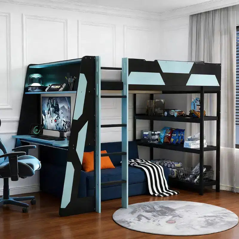 Luxystar großes Gaming-Hochbett mit Schreibtisch, Stauraumregalen und Beleuchtung
