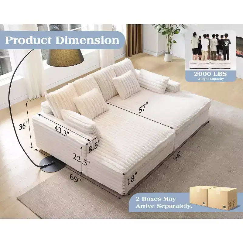 AMERLIFE 93 dubbele chaise longue voor twee personen, diepe Cloud-bank met lendekussens en brede armleuningen, eenvoudige montage, imitatiebont