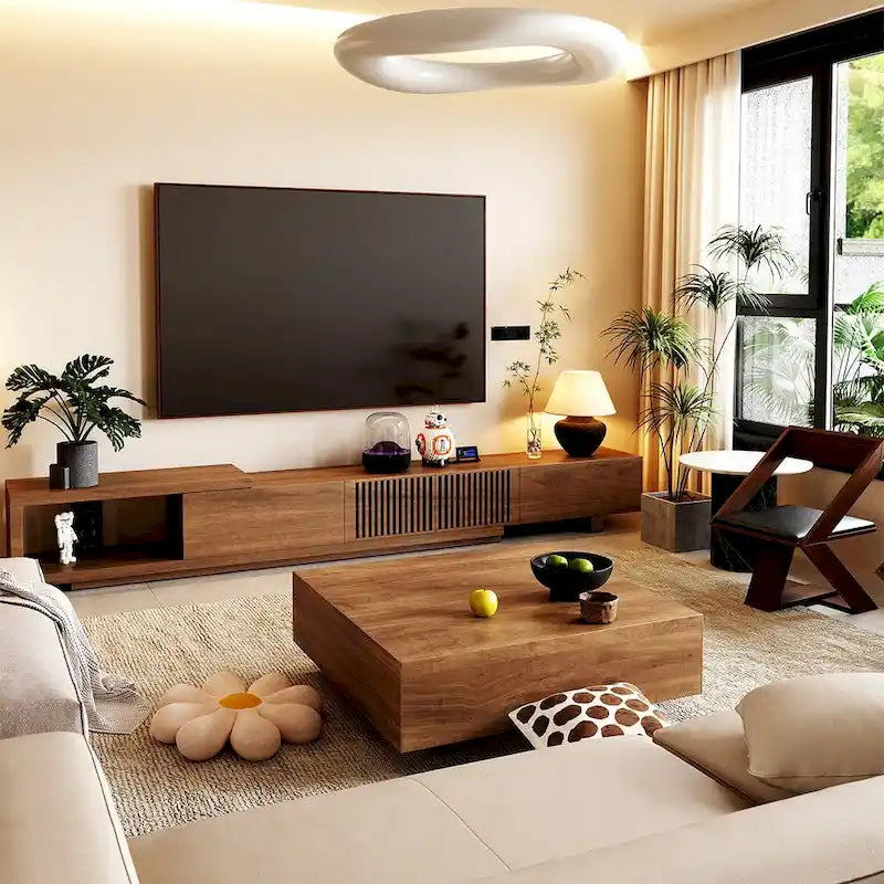 Meuble TV moderne rétractable et extensible avec 4 tiroirs, jusqu’à 103 pouces – 78.54P x 15.74L x 13.78H