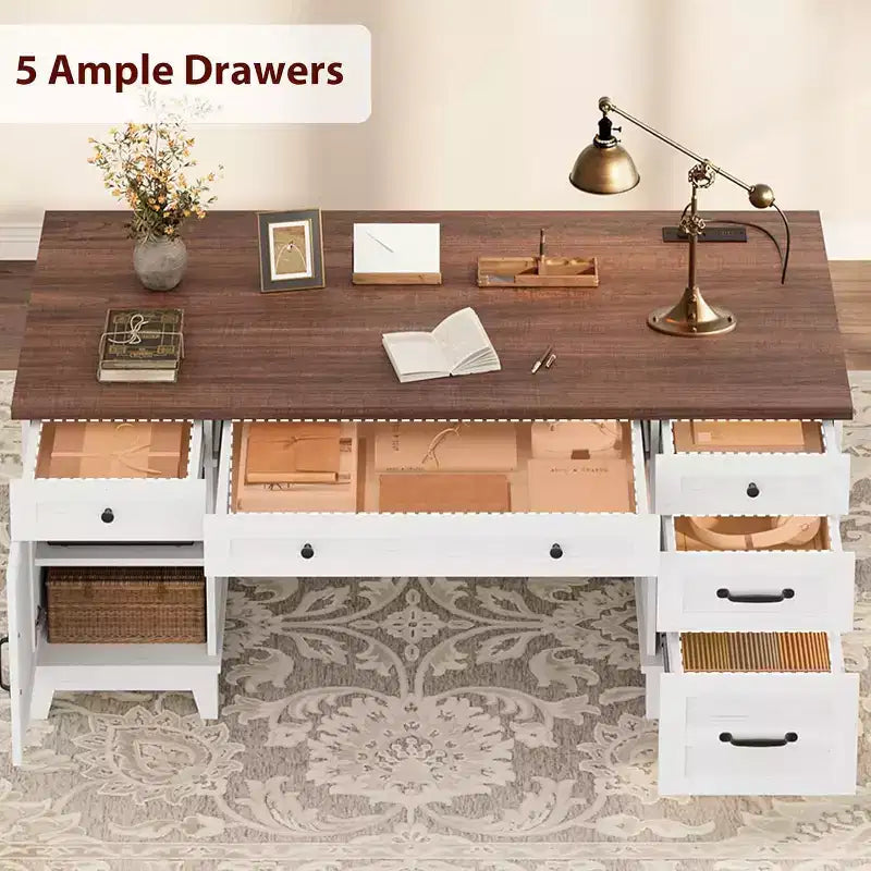 Bureau de direction de 60 po avec tiroirs, bureau à domicile avec station de recharge, bureau d’ordinateur et d’écriture en bois pour étude, table de conférence pour salon