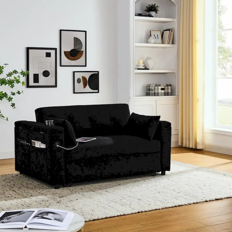 Sofa rozkładana 54, 2-osobowa sofa z funkcją spania i rozkładanymi fotelami, schowkiem, poduszką lędźwiową i gniazdem USB