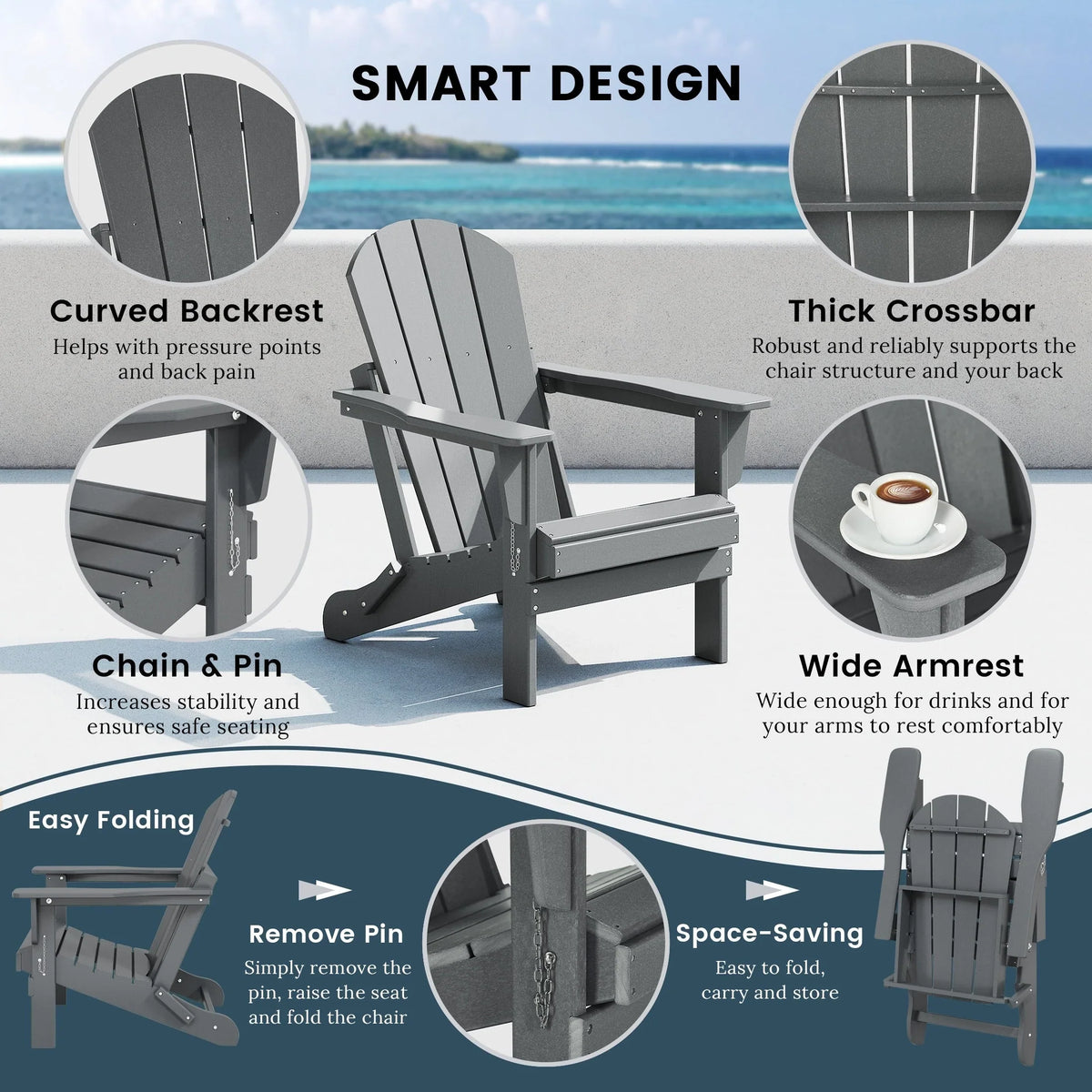 Polytrends Laguna Fade Resistant All Weather Outdoor Patio Folding Adirondack Chair