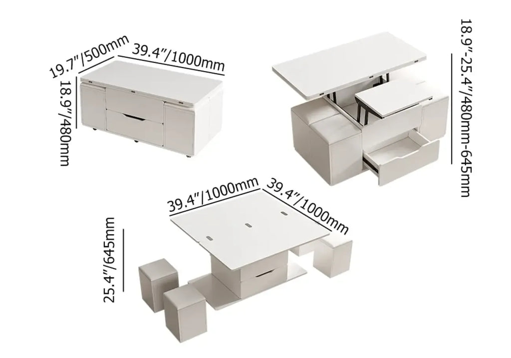 Klappbarer Couchtisch mit Hubfunktion, 4 Hockern und Stauraum