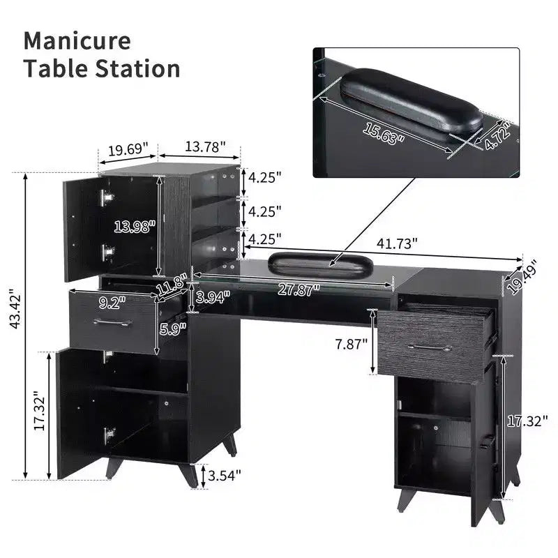 Black / Pink Modern Manicure Nail Desk with Glass Top & Wrist Rest, Single Station
