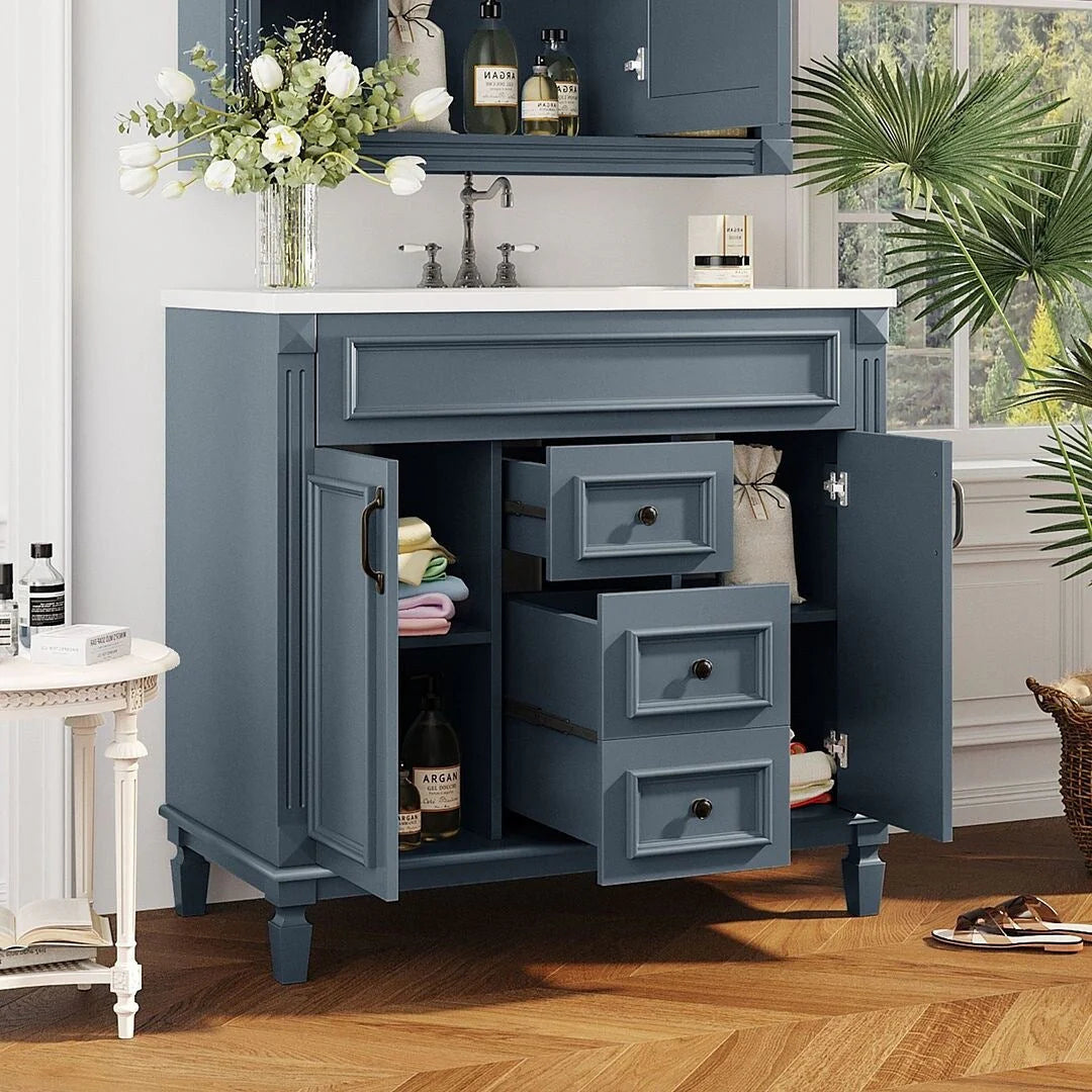 36'' Modern Bathroom Vanity with Top Sink and Mirror Cabinet,2 Doors and 2 Drawers