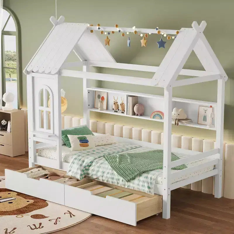 House Platform Bed with Storage Drawers and Window, Solid Wood Frame with Shelves, Childlike Fun Design, Light White