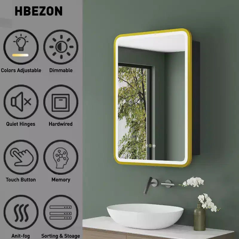 Schwarz/Weiß/Gold LED-Medizinschrank, eine Tür, Anschlag links oder rechts, zum Einbau oder zur Wandmontage