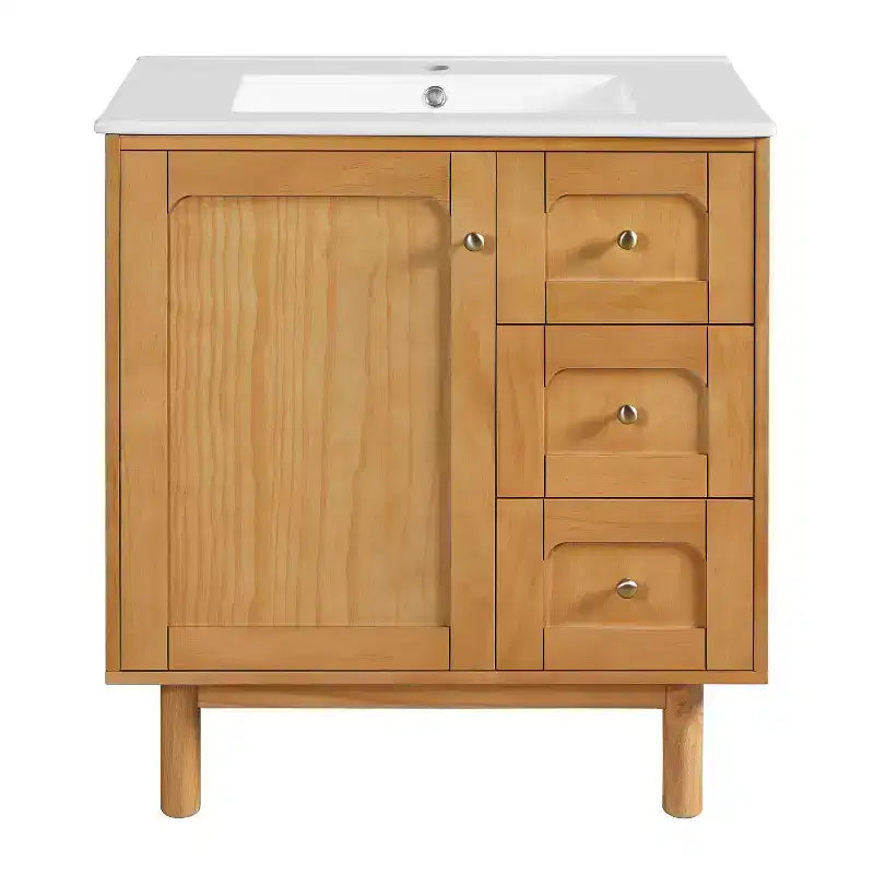 JVNOXK 30-inch Rustic Modern Ceramic Vanity Cabinet with 3 Drawers and 1 Large Soft-Close Door, Storage Cabinet, Natural Wood Grain