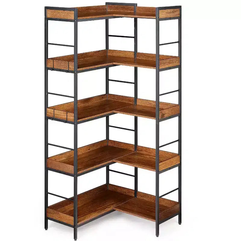 Eckregal in L-Form mit 5 Ebenen, 65 Industrie-Bücherregal aus Holz und Metall (Rustikales Braun), wendbarer Stauraum für Wohnzimmer, Schlafzimmer und Heimbüro