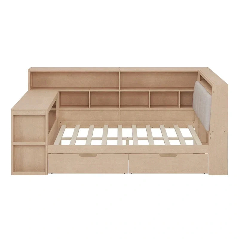 L-förmiges Holz-Sofa-Tagesbett mit Schreibtisch, Bücherregal-Schrank, Eckbett mit Schubladen unter dem Bett, gepolstertem Kopfteil und integrierter Beleuchtung