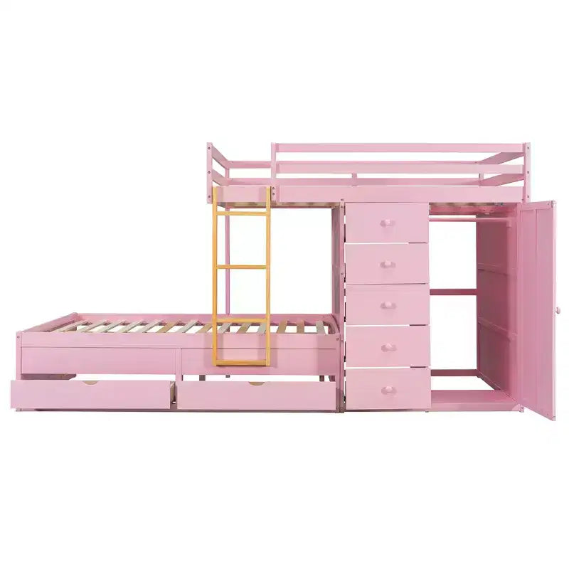 Full over Full Bunk Bed with Storage Wardrobe and Drawers, Full Size Wood Space-Saving Bunk Bed with Guardrail for Apartment, Bedroom