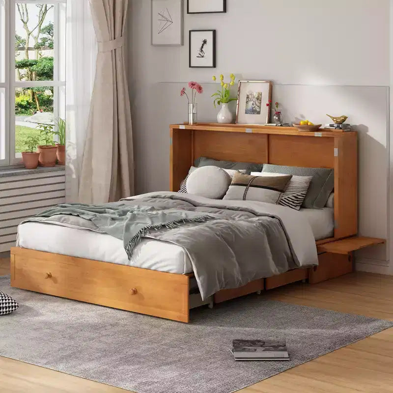 Cama abatible Mjkone tamaño queen, cama tipo armario cúbico con estación de carga y espacio de almacenamiento