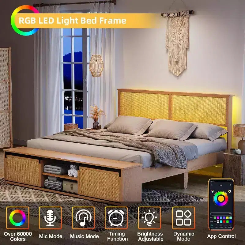 Cadre de lit bohème champêtre en rotin naturel, rangement avec porte de grange coulissante et tête de lit avec éclairage LED, pieds de support en bois massif