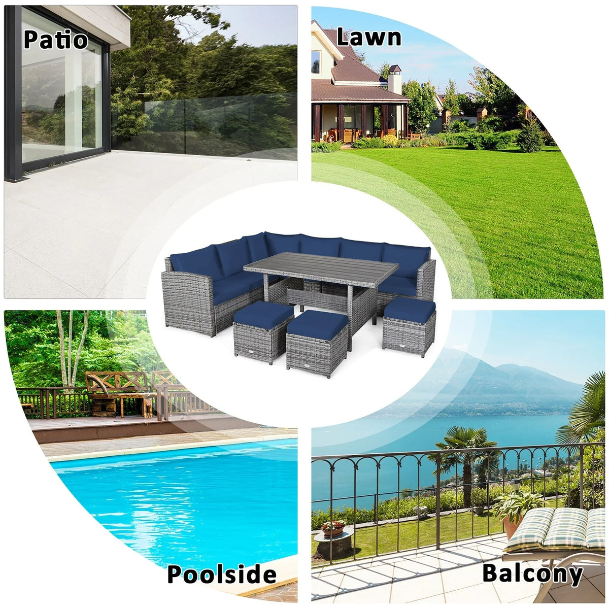 Costway 7-delige eethoek voor de patio van rotan, modulaire bank, fauteuil en voetenbank - Bekijk de details