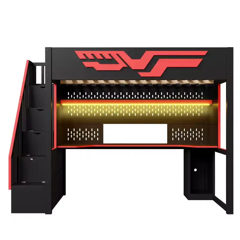 Gaming-Hochbett in Full-Größe mit Schreibtisch und LED-Beleuchtung, hölzernes Hochbett mit Treppe, Stauraumtreppe und USB-Anschluss, Rot+Schwarz