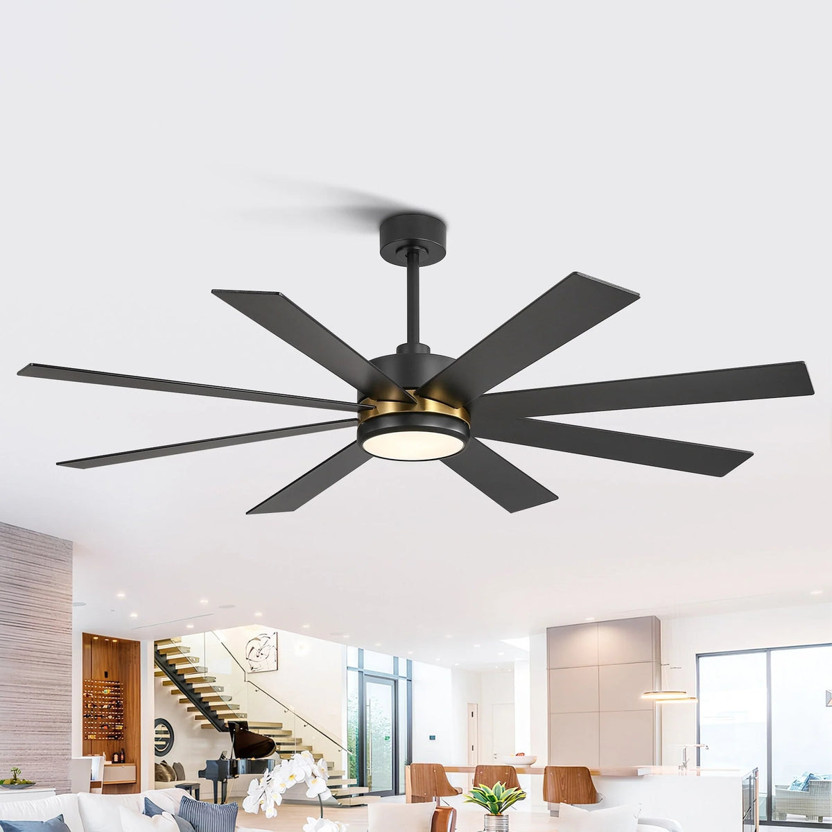 Ventilador de techo negro de 65 pulgadas con 8 aspas, luz y control remoto