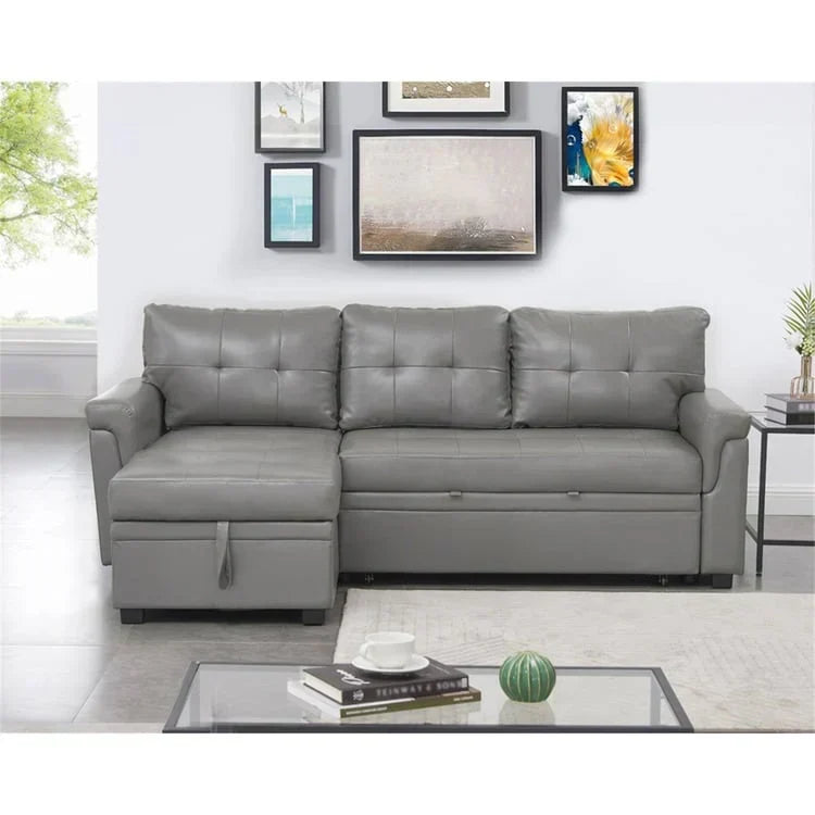 Divano componibile reversibile trasformabile con letto estraibile, chaise longue con contenitore nascosto e gambe resistenti